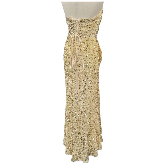 NWT Beige Gold Strapless Sequin Evening Gown with Corset Back on Velvet Fabric - Picture 8 of 12